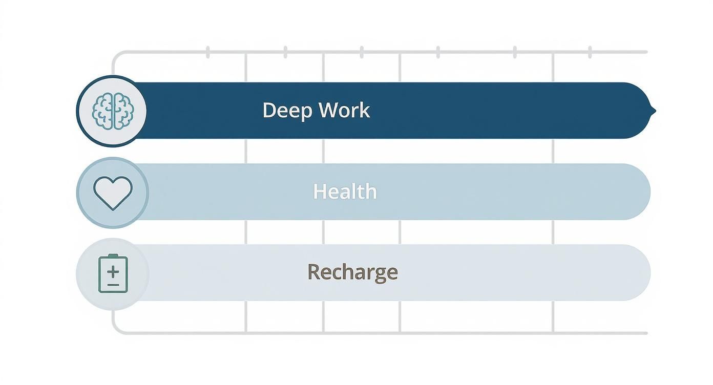 An infographic showing a process flow for calendar categories with icons for Deep Work (brain), Health (heart), and Recharge (battery).