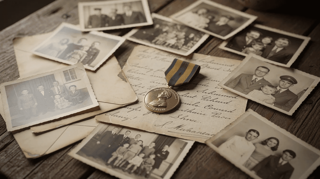 The image features a wooden table adorned with old black and white family photographs, handwritten letters, and a military medal, evoking a sense of nostalgia and family history. This collection of cherished items represents the life stories and memories of loved ones, perfect for creating a legacy video to preserve for future generations.