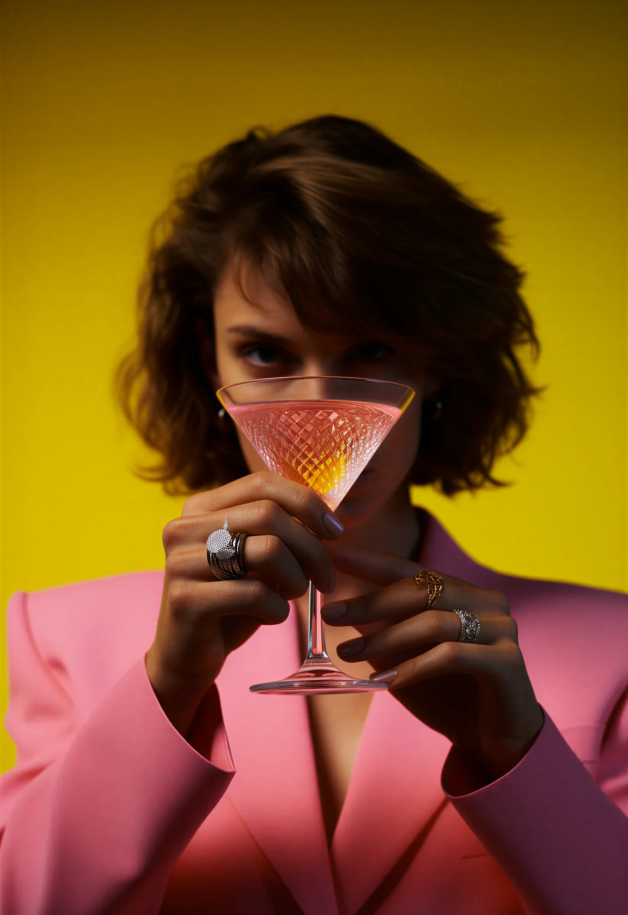 Guest in a pink suit holding a cocktail glass
