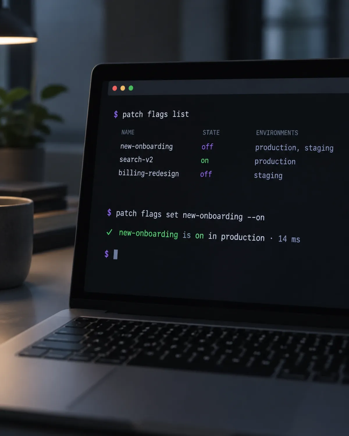 Patchwork’s command-line tool on a laptop in a dark room, turning new-onboarding on in production.