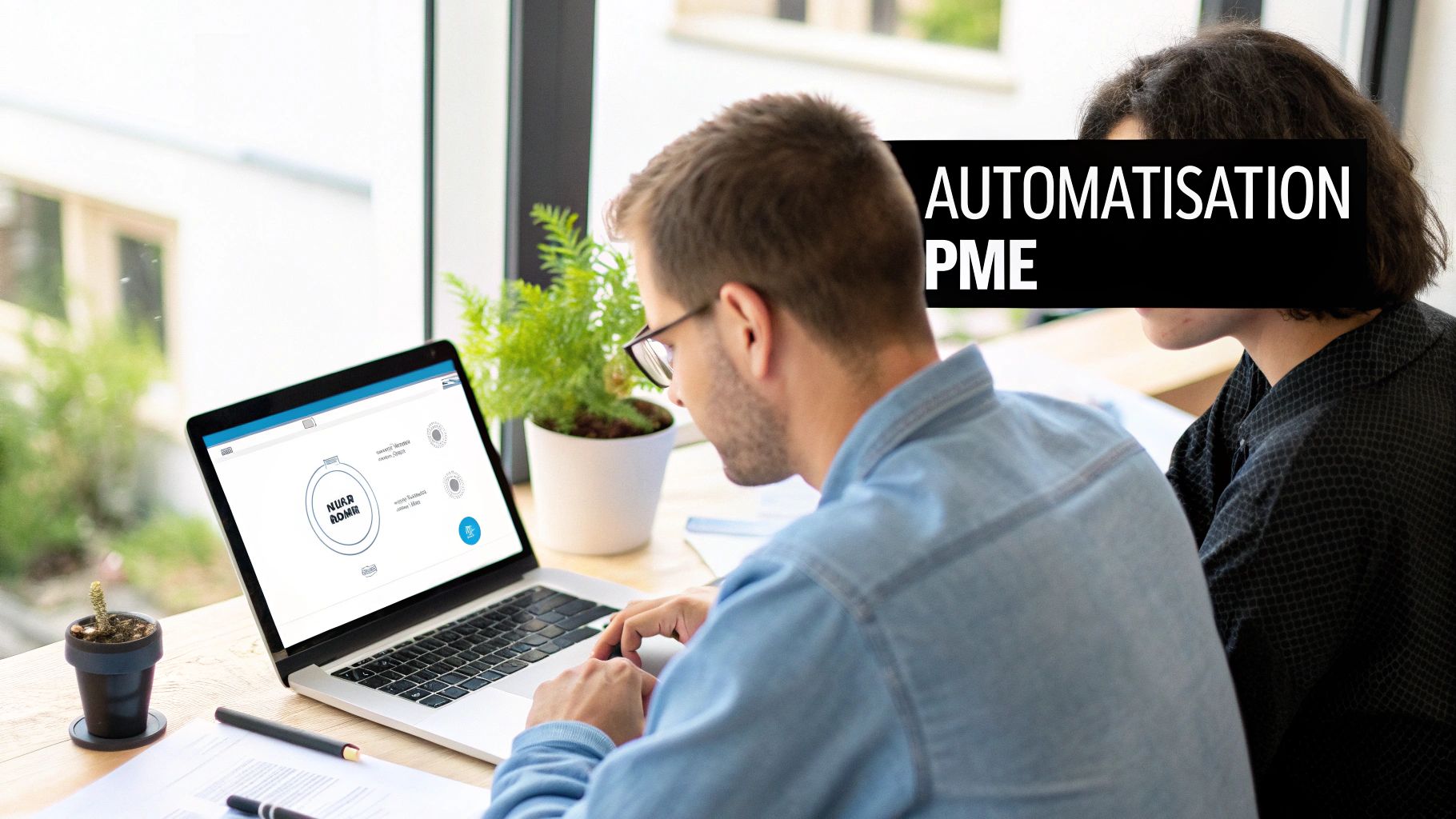 Un homme et une femme travaillent ensemble sur un ordinateur portable, avec le texte