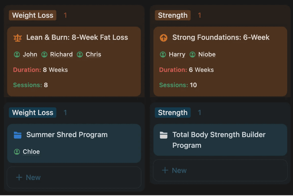 Notion personal trainer workout plan builder