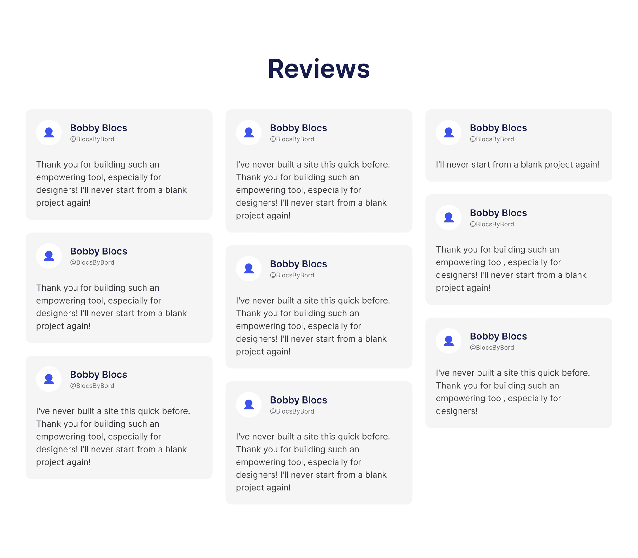 a reviews section with 3 columns of testimonials in cards