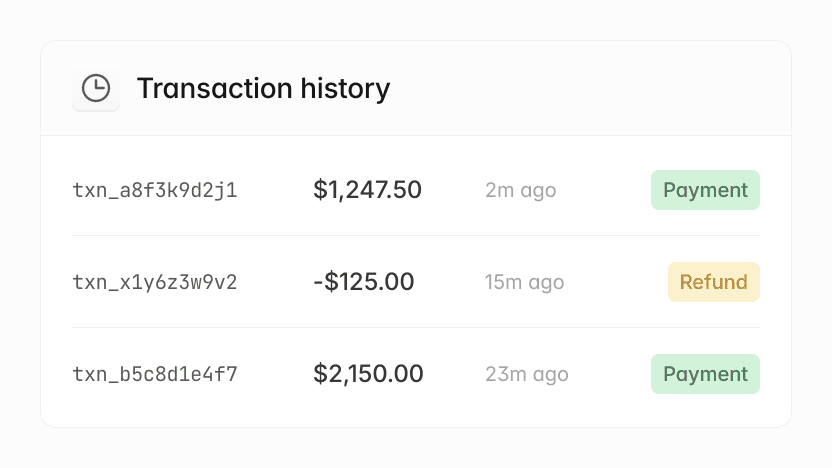 Transaction history with payments and refunds. View payment details.