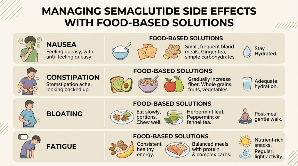 Semaglutide side effects and dietary solutions infographic