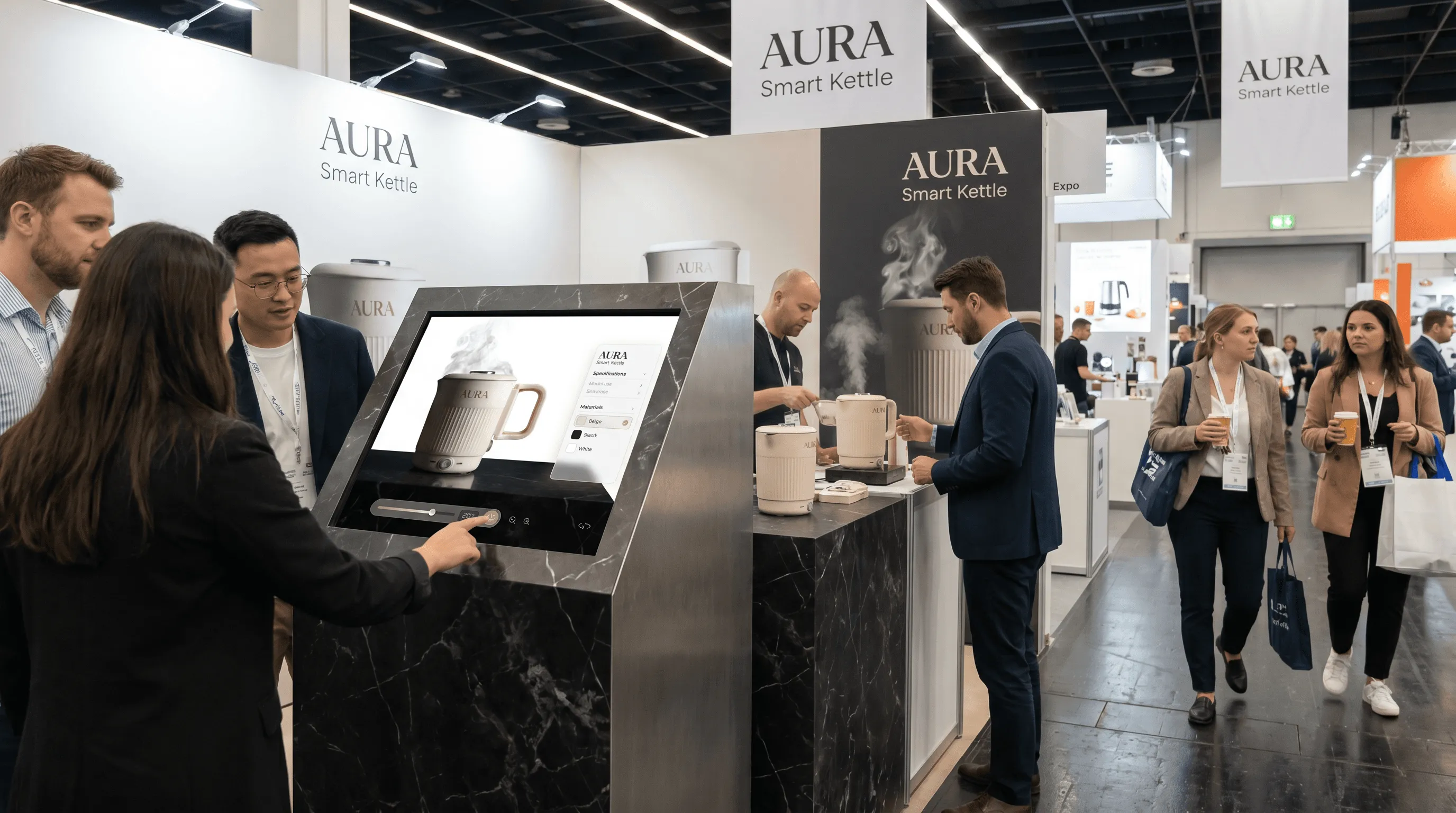 Aura smart kettle 3D visualization on interactive trade-show kiosk at home appliance expo