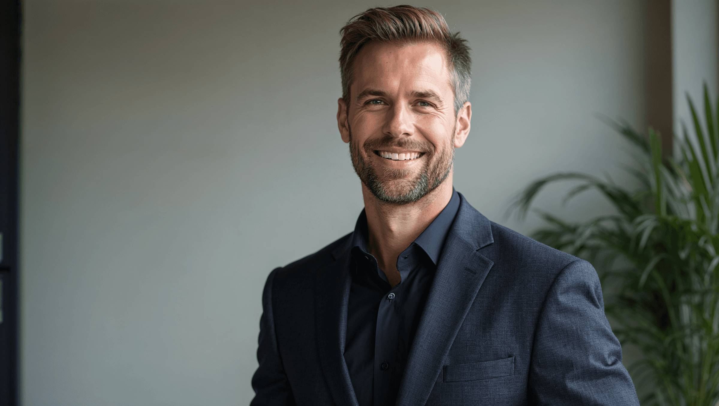 Professional businessman smiling in dark blazer and shirt