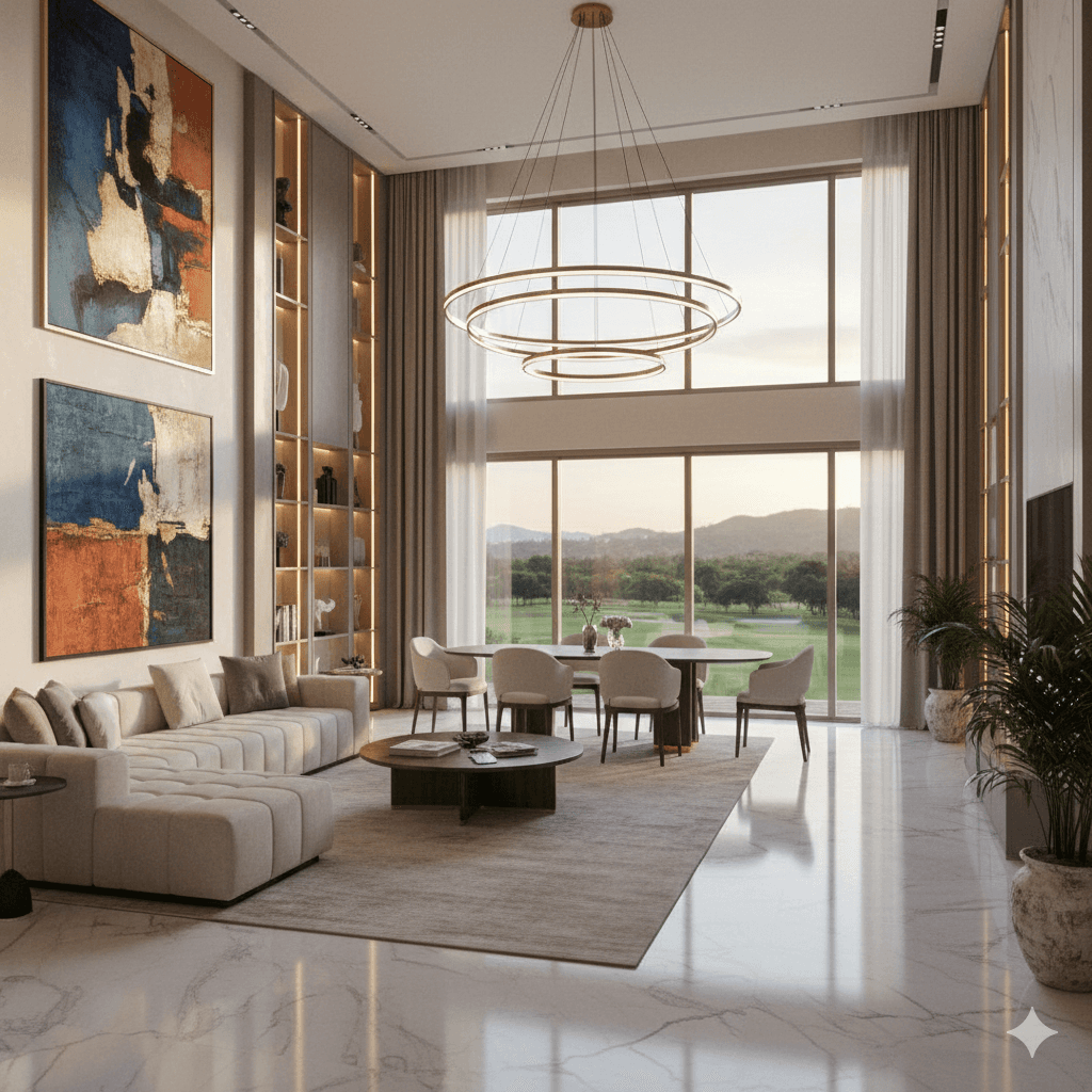 Modern living room with double-height ceiling and premium marble flooring