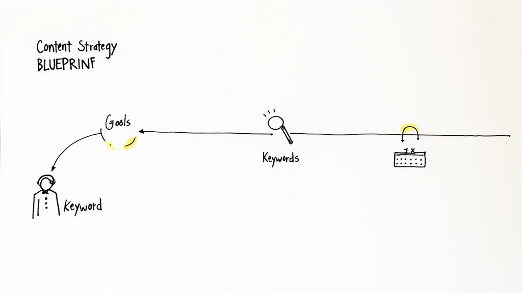 A person brainstorming content ideas on a whiteboard with sticky notes.