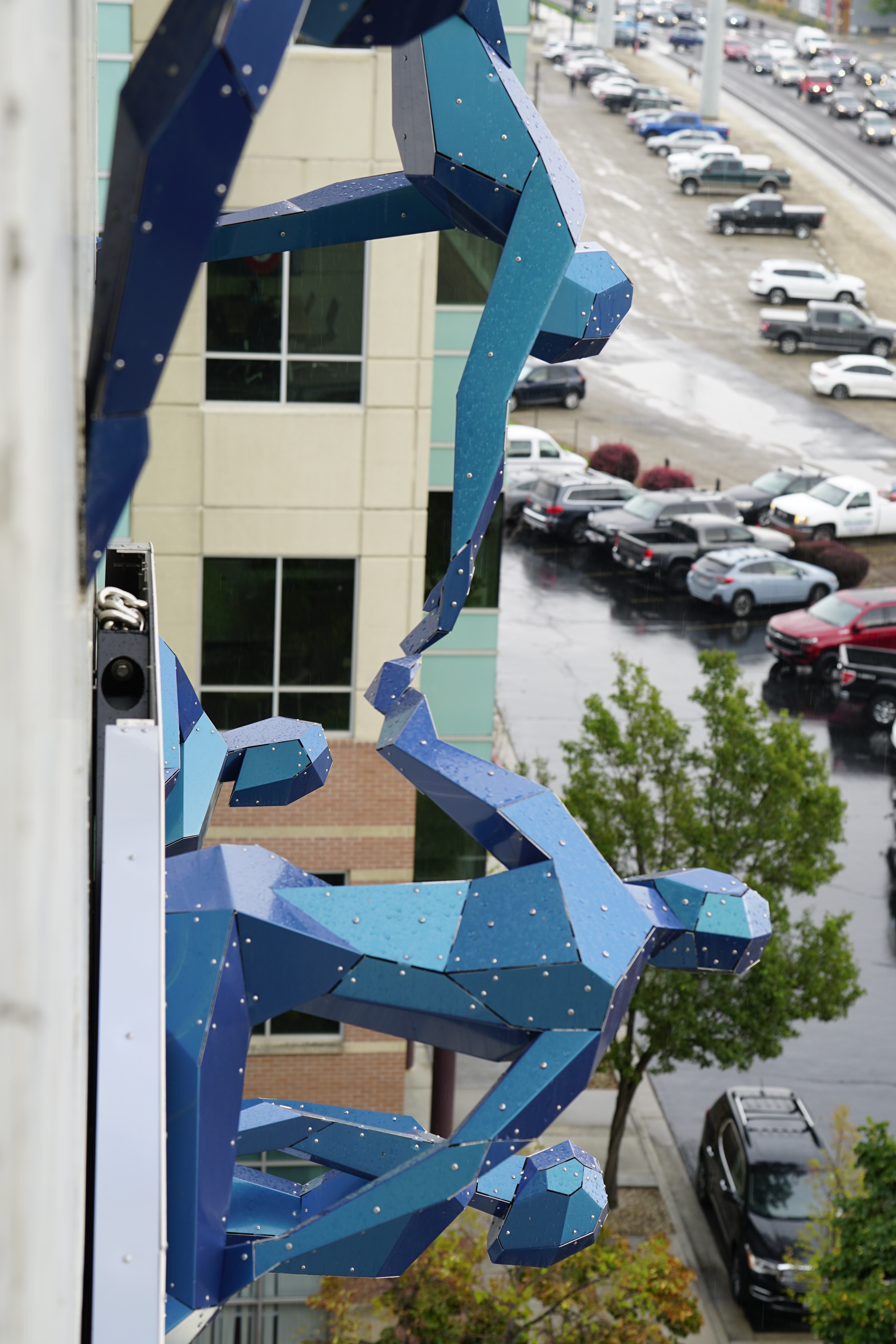 Modern wooden staircase with abstract architectural design