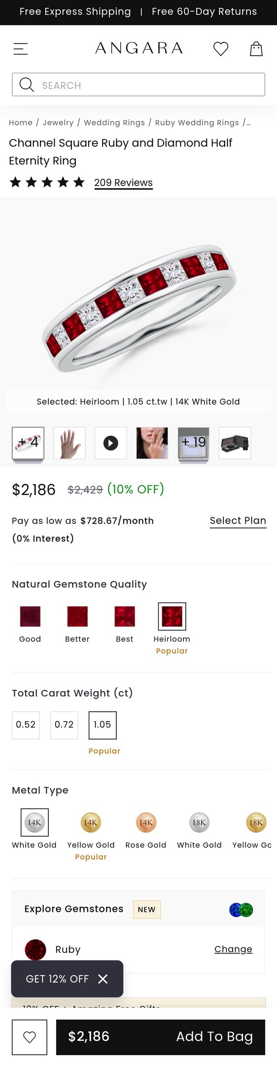 Jewelry product options include: ring for Channel Square Ruby and Diamond Half Eternity Ring from Angara.