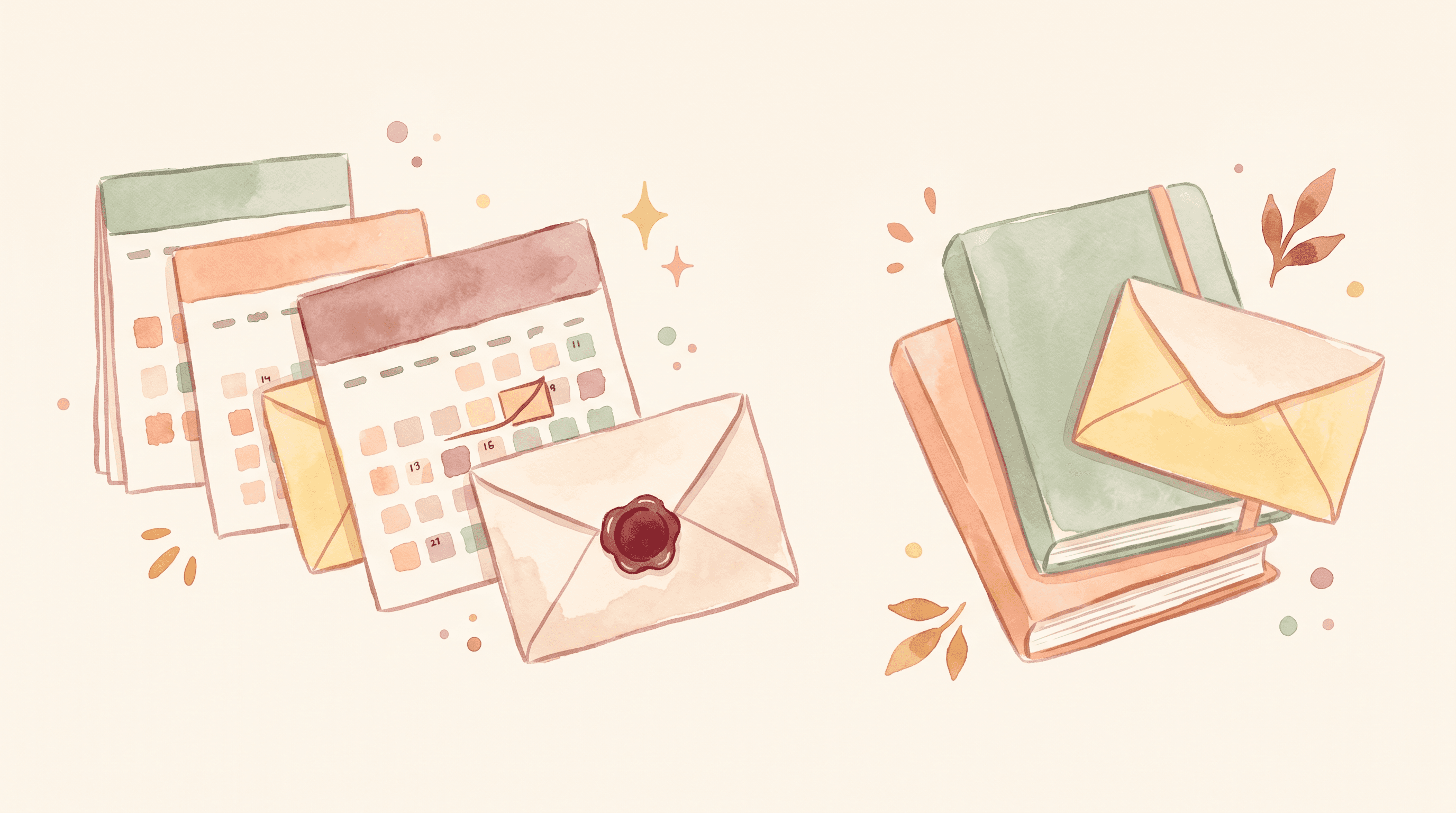 Manuscript timeline with envelopes and calendar pages