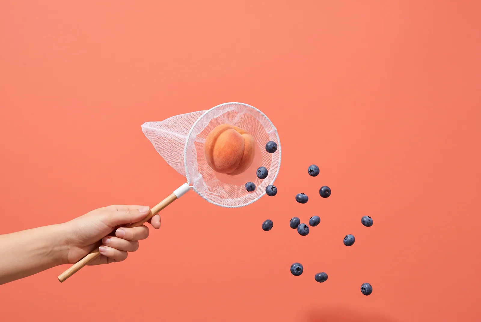 A hand-held butterfly net catching a peach while blueberries fall past, DNS filtering on the Mac and router