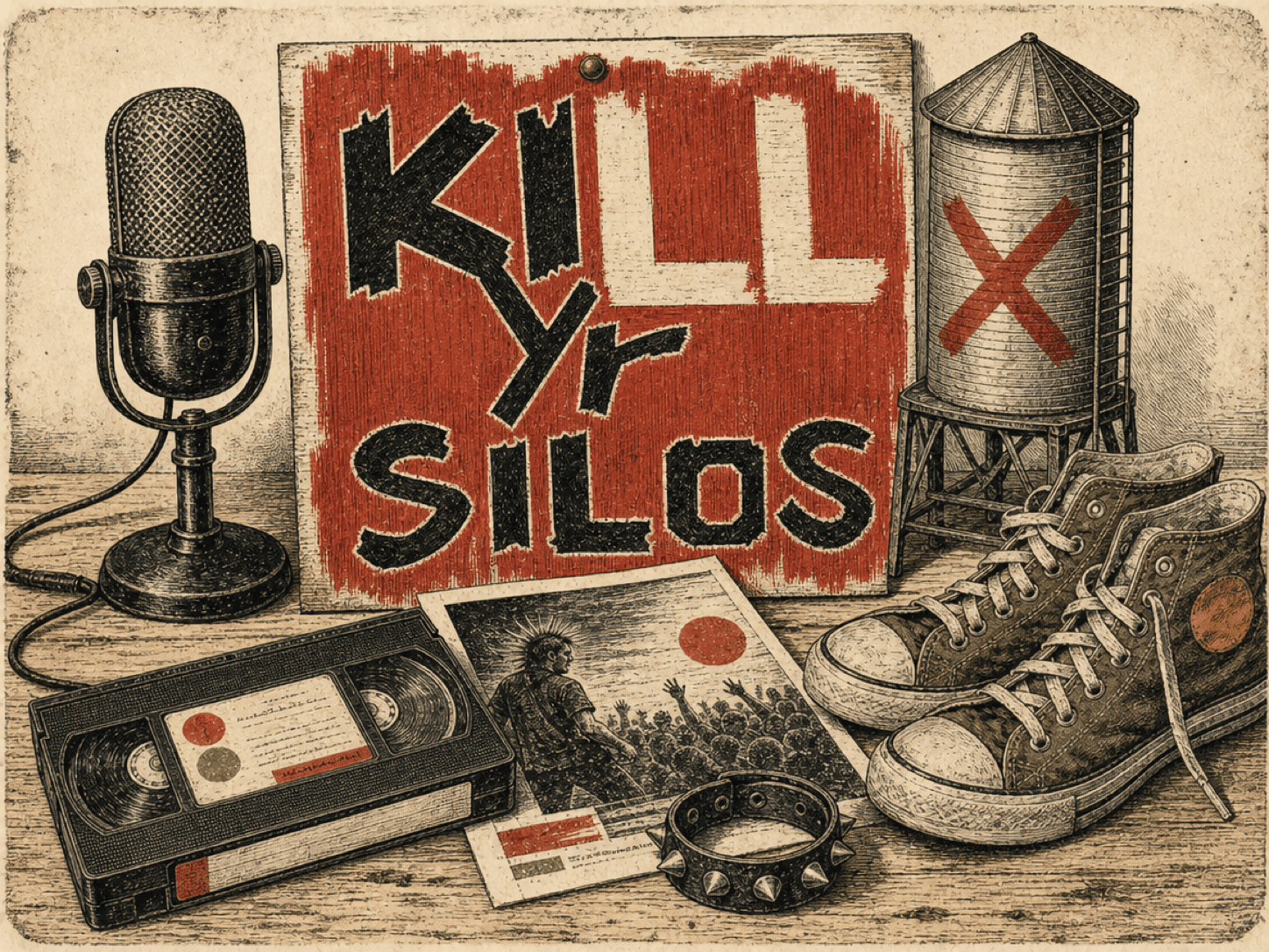 Hand-drawn podcast microphone beside a toy grain silo split open with a crowbar