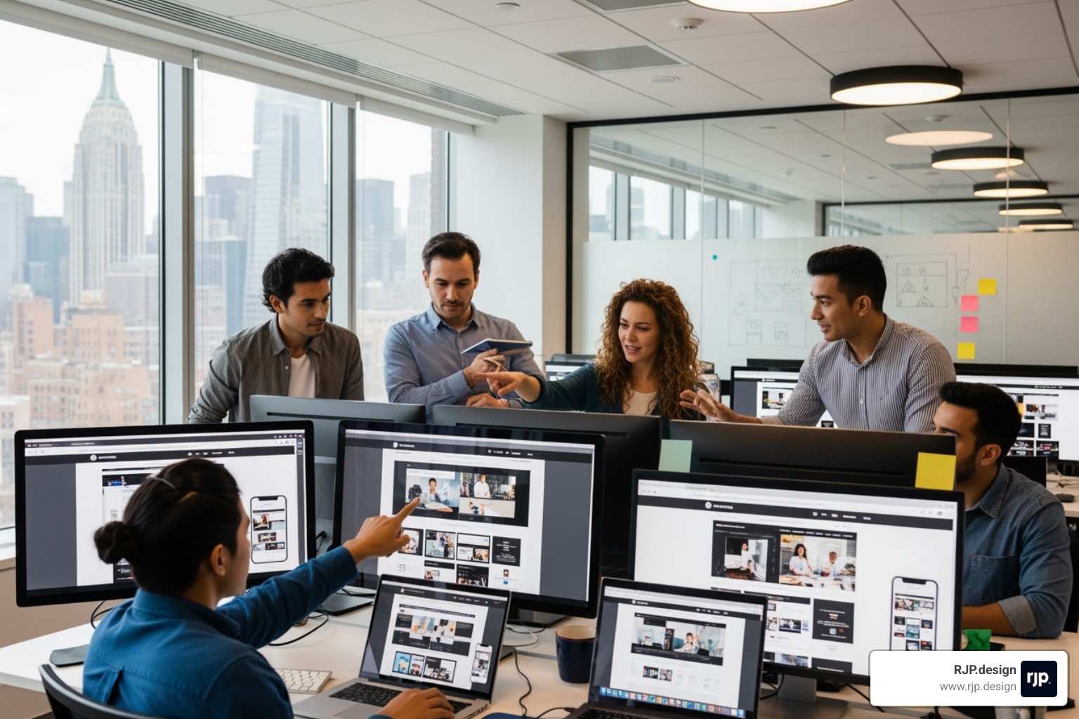Web design team collaborating in a Manhattan office on responsive layouts - nyc responsive website design