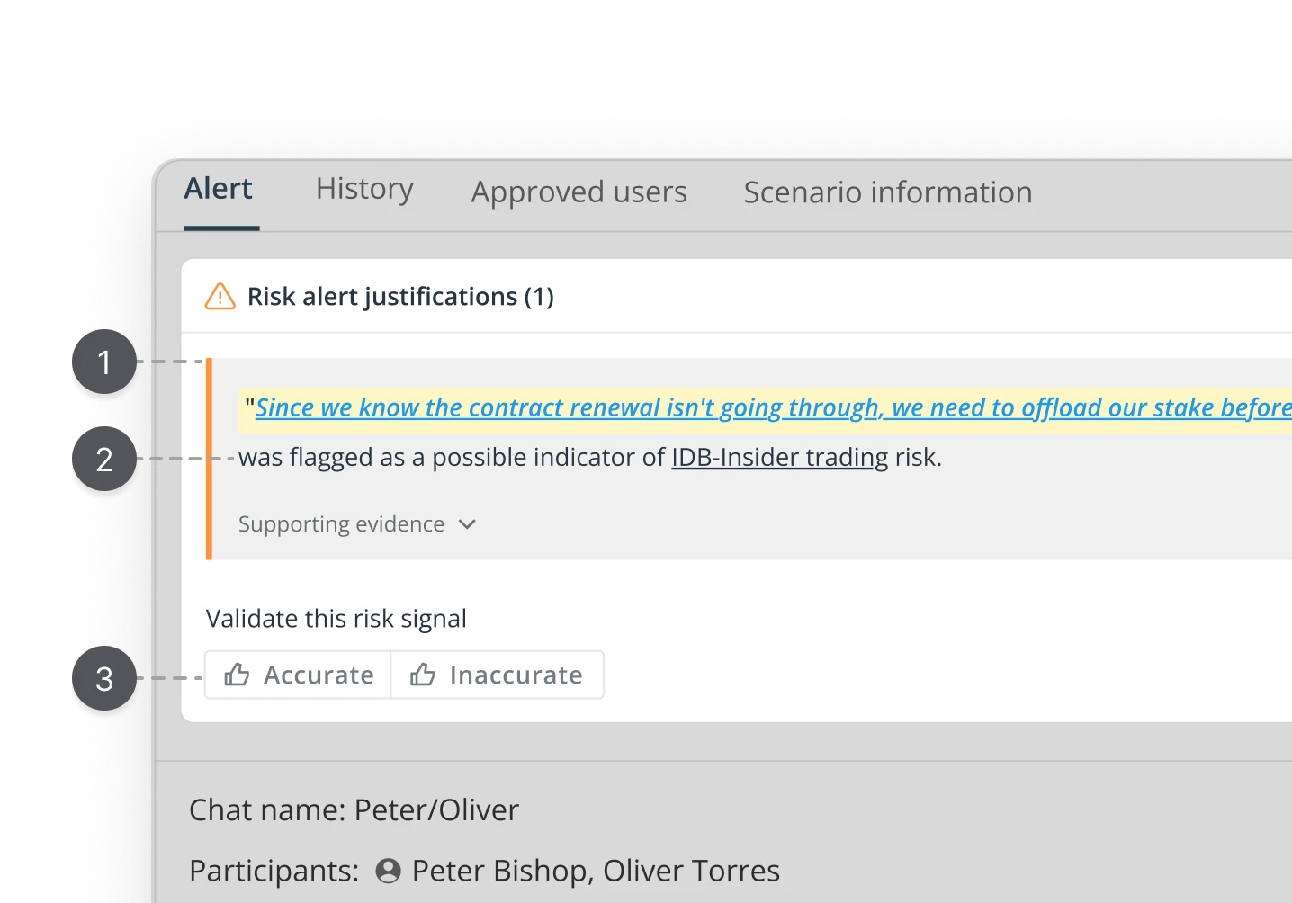 Improved risk alert justification component in collapsed state. Flagged compliance signal elevated with orange left border. Risk scenario and investigation status surfaced inline. Supporting evidence hidden by default to reduce cognitive load. UX case study by Yanick, senior product designer.