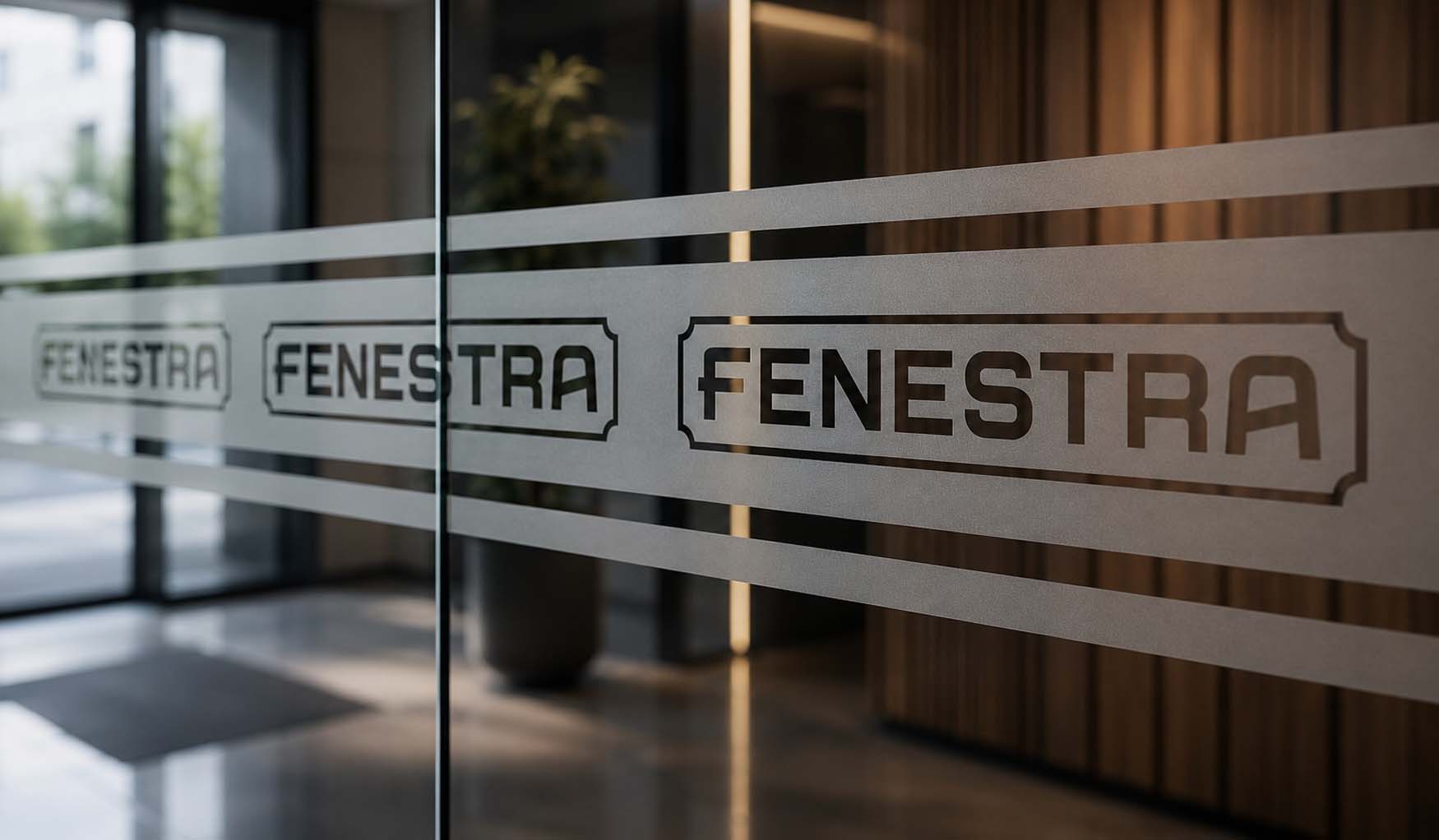 The Fenestra logo applied to glass signage, showing how the identity works within a professional facility environment.