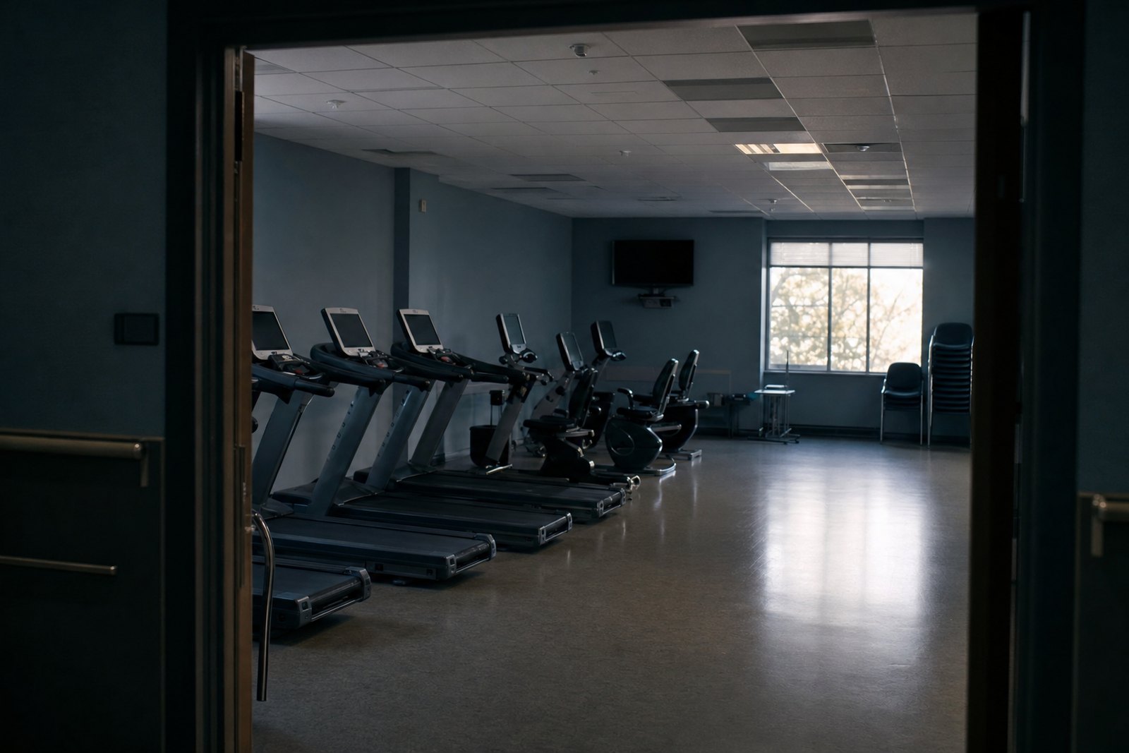 An empty hospital cardiac rehab gym seen through a doorway after hours, treadmills and bikes with dark screens, chairs stacked in the corner.
