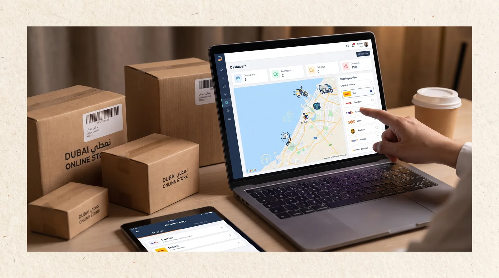 Choosing a Delivery Partner for a Dubai Online Store beside an online store on a laptop and a card payment terminal