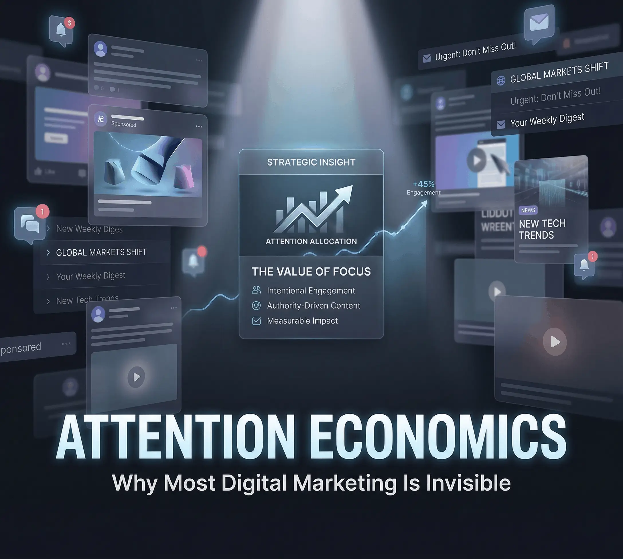 Attention Economics visual explaining why most digital marketing is invisible and how to capture focus through intentional engagement, curated by Mahindra, an expert marketing trainer and consultant.