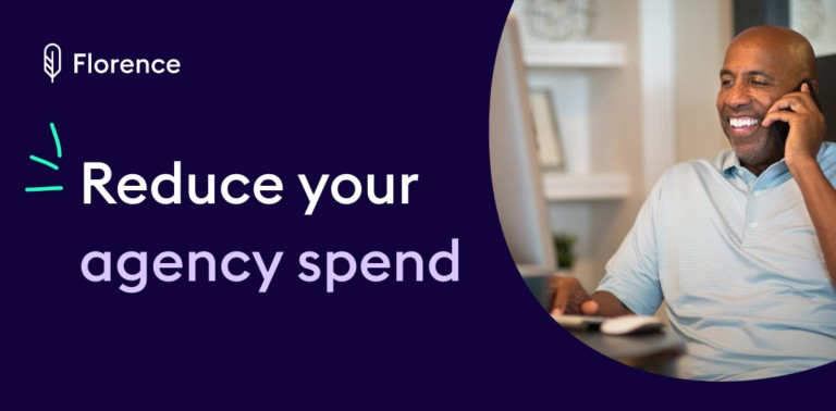 A Florence promotional graphic on a dark navy background showing a person at a desk with the text "Reduce your agency spend"