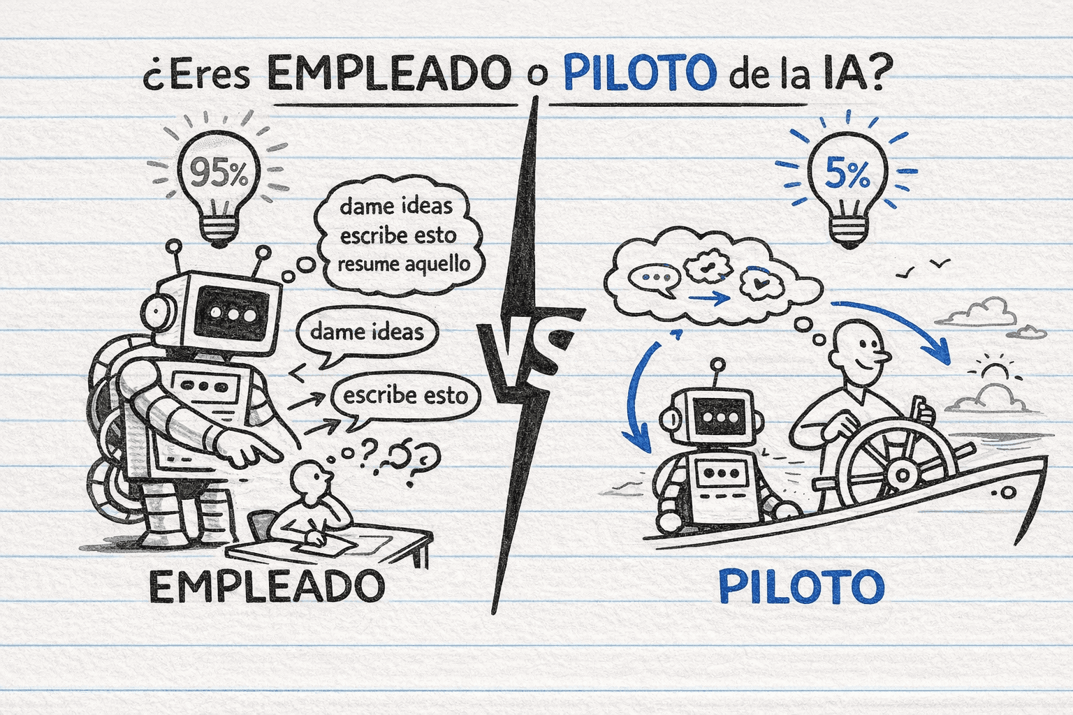 Ilustración estilo doodle en papel de cuaderno mostrando el contraste entre ser empleado versus piloto de la IA. Lado izquierdo: figura pequeña recibiendo órdenes de un robot IA gigante, etiquetado "EMPLEADO 95%". Lado derecho: figura al timón colaborando con IA como co-piloto, etiquetado "PILOTO 5%". Dibujo en tinta negra con acentos en azul rey.