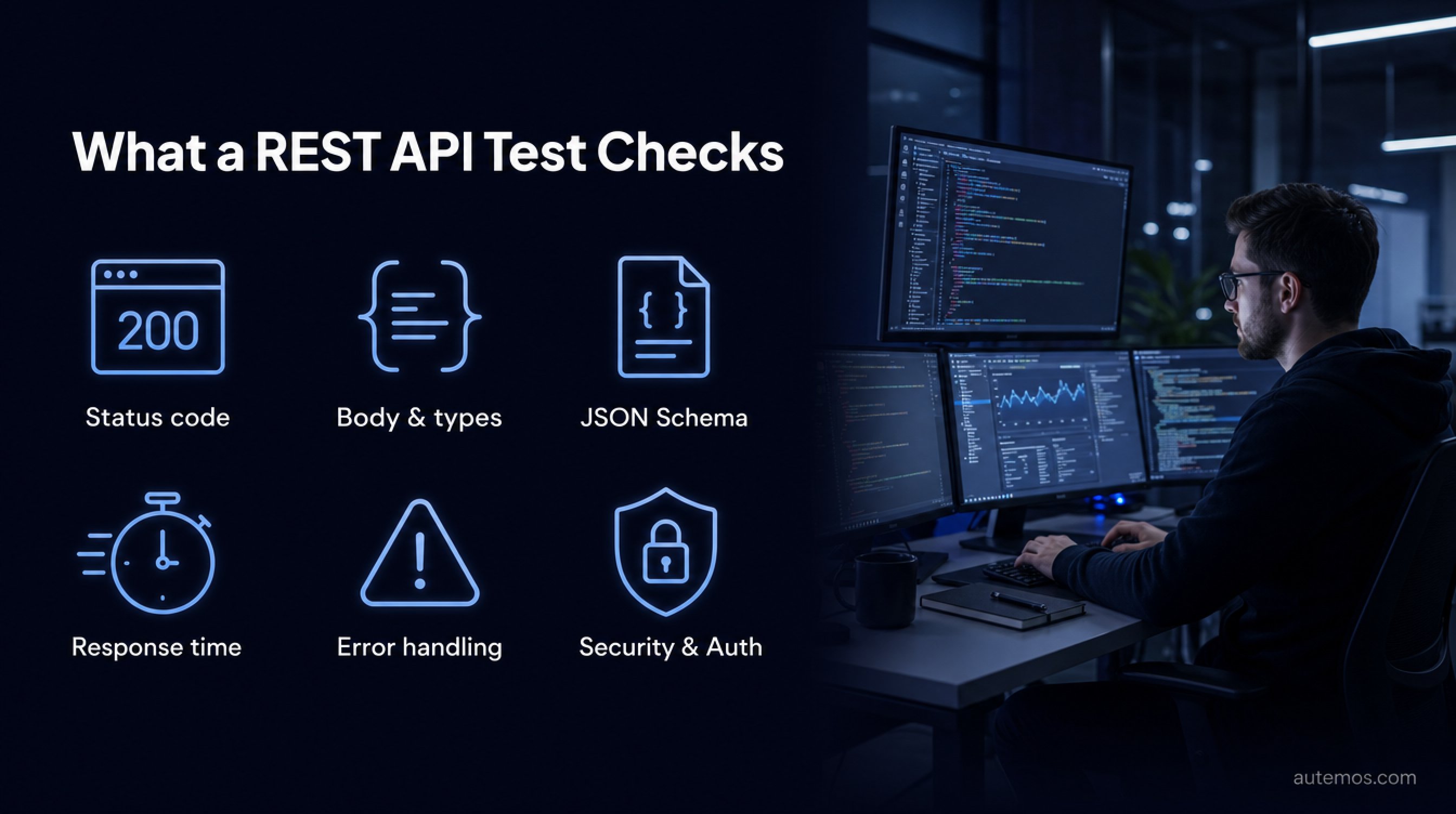 Infographic of the six dimensions a REST API test checks: status code, body & types, JSON Schema, response time, error handling, and security & auth.