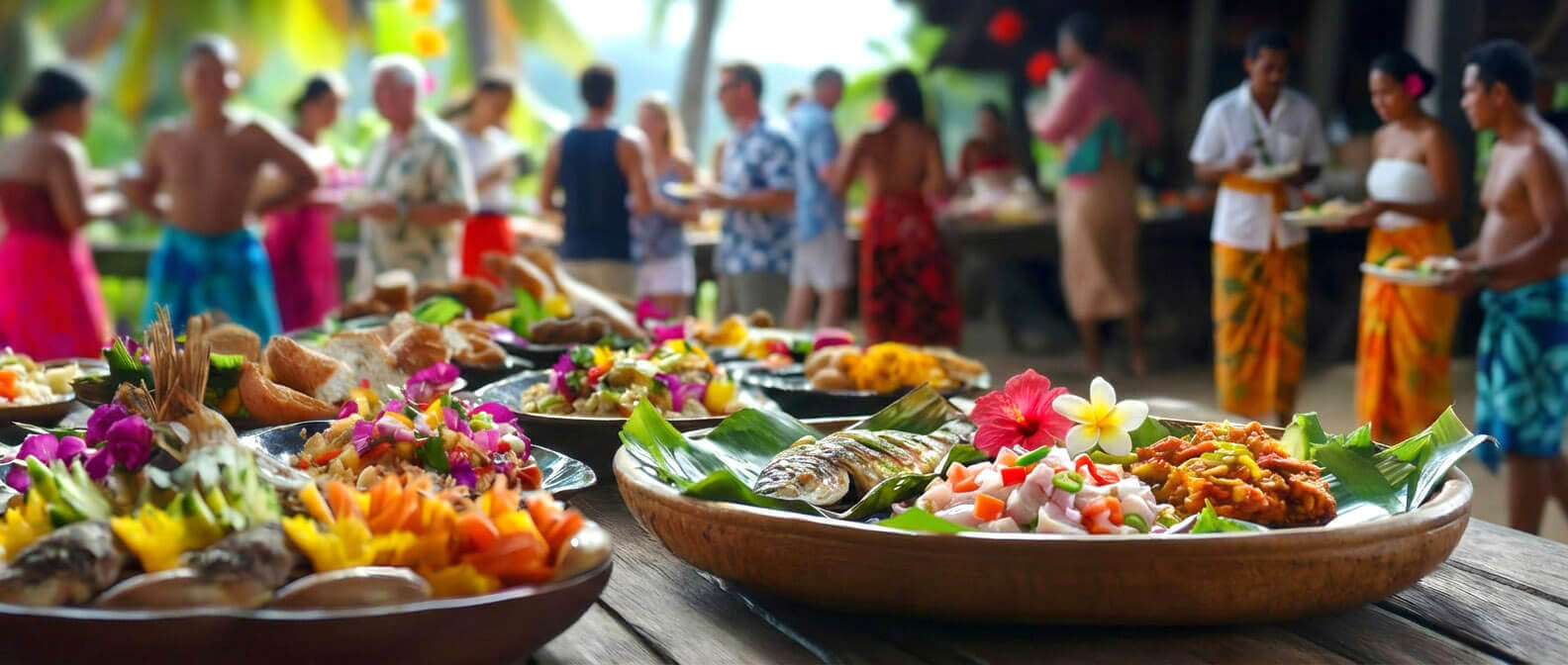 Food zoomed in buffet dining at a catering event in Fiji
