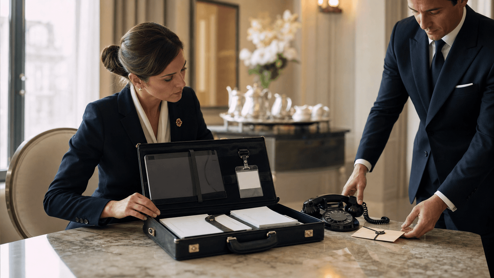Refonte site conciergerie de luxe : documents papier et ordinateur éteint en suite d’hôtel.