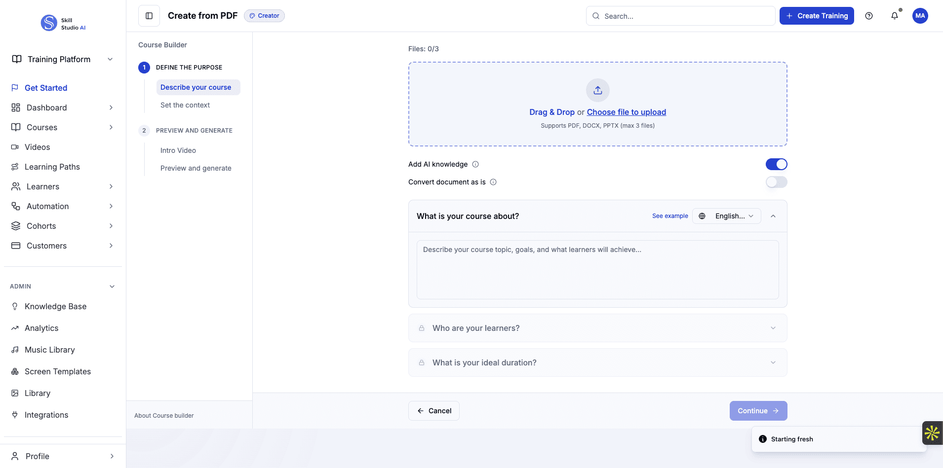 Click the upload area to select and upload your training document.