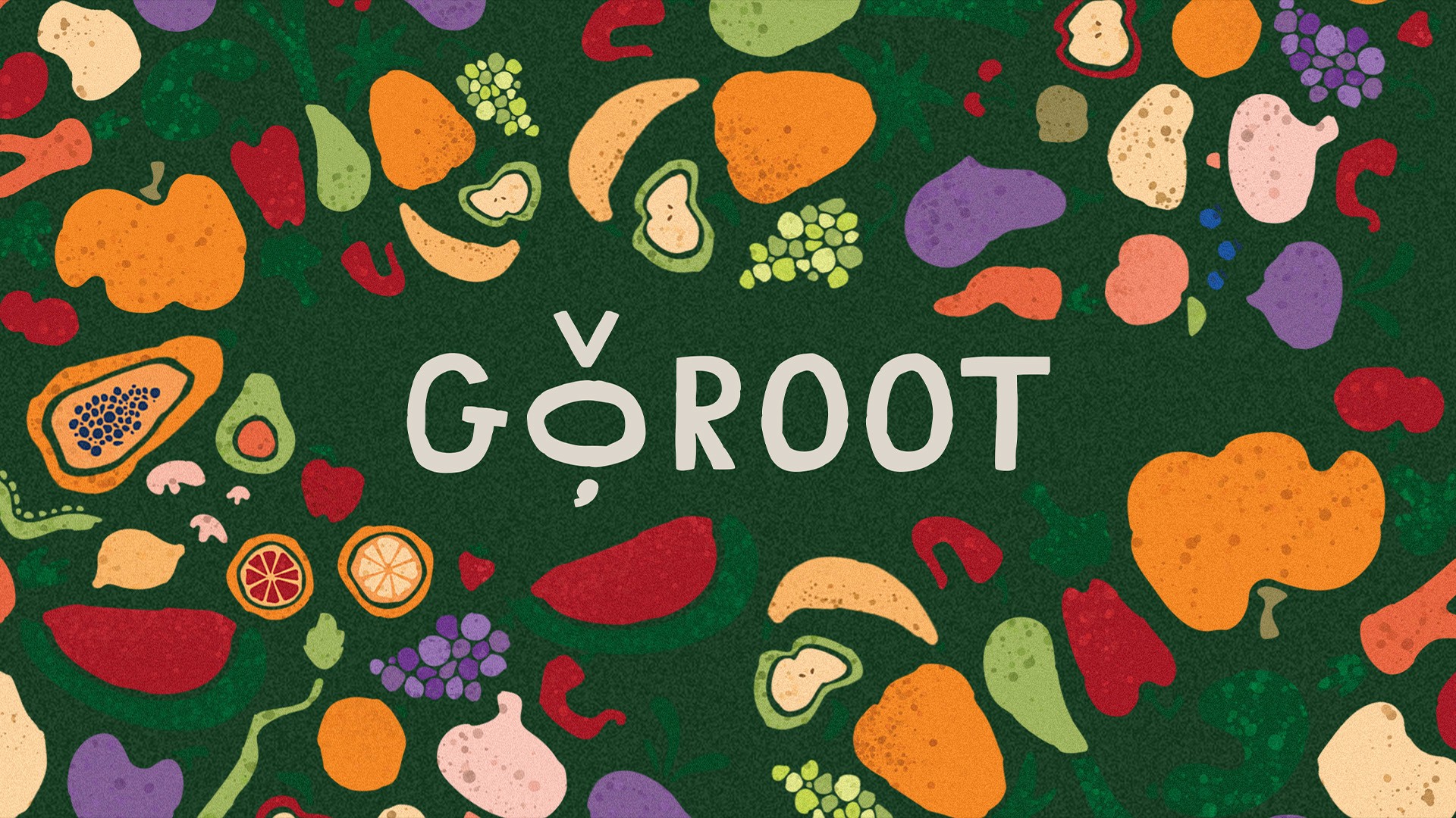 Goroot wordmark centred on a hand-drawn pattern of fruits and vegetables on dark green
