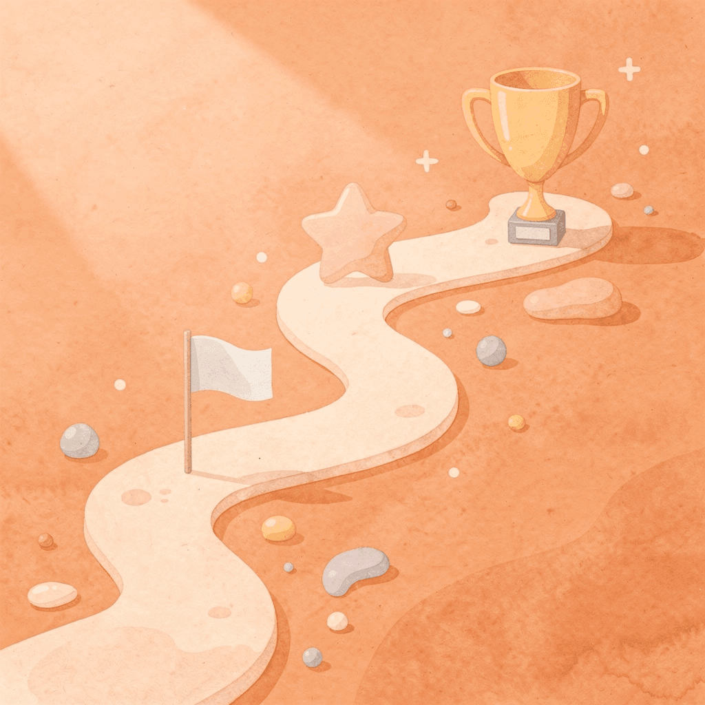Winding path with milestone markers representing strategic marketing sequence