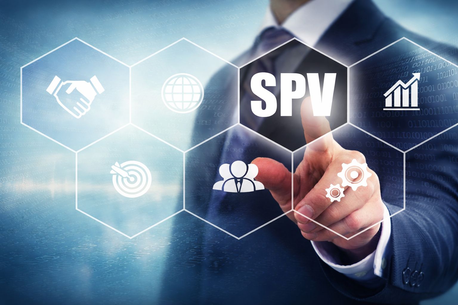 A business professional in a suit presses on a digital interface labeled “SPV,” surrounded by hexagonal icons representing partnership, global reach, growth, strategy, and teamwork