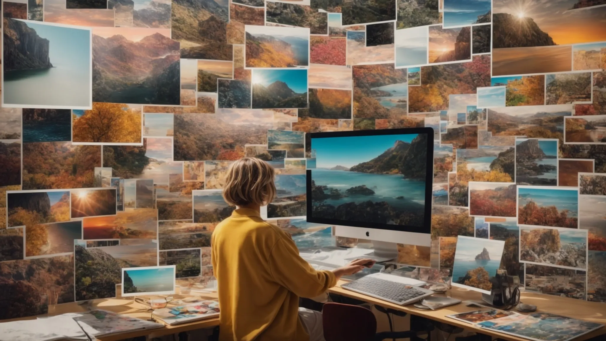 an artist digitally manipulating a vibrant collage on a computer screen, merging multiple images into one seamless composition.