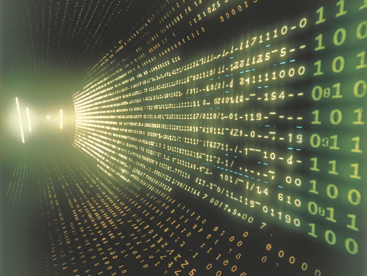 Digital tunnel with glowing binary code