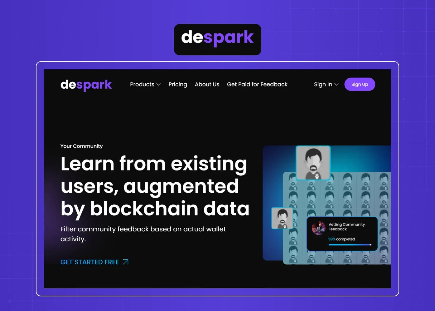 Dark-themed Despark landing page focused on blockchain-powered user feedback and community insights.
