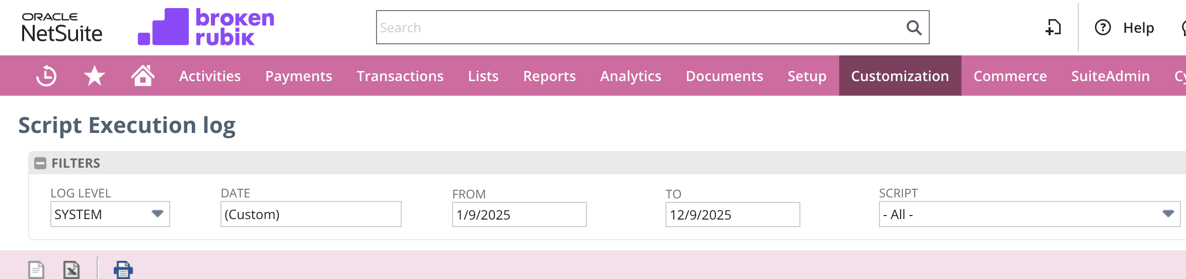 NetSuite interface on the Script Execution Logs page with its filters