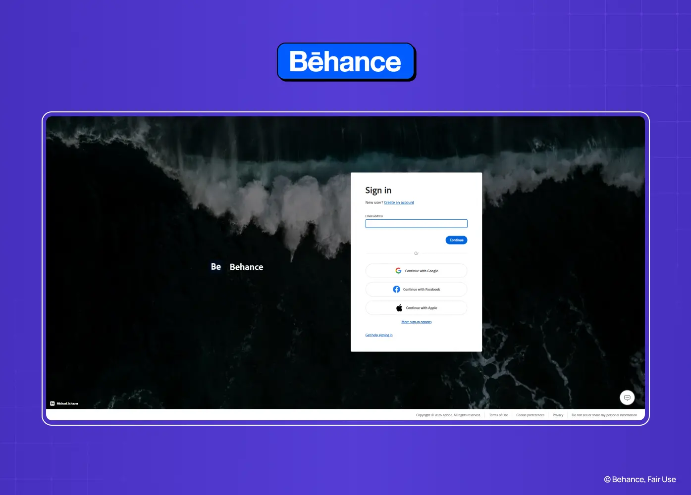 Behance login page over a full-screen creative background with Adobe, Google, Facebook, and Apple sign-in options.