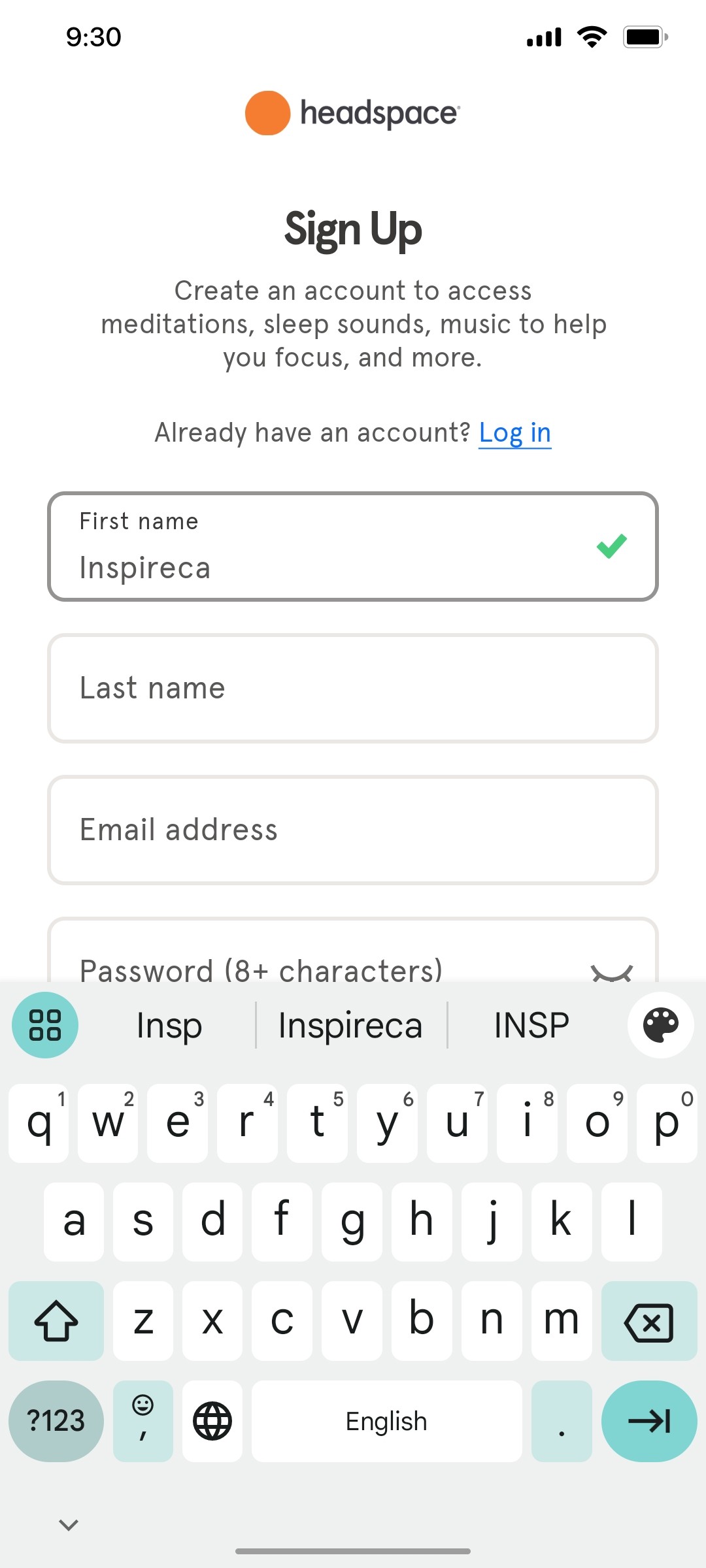 Headspace Fill your details 1 screen