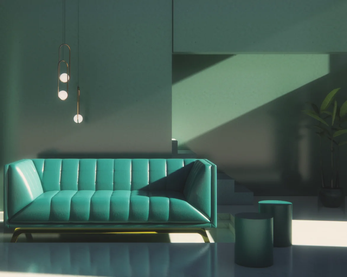 A green couch in a well-lit room with a lamp and a table, creating a cozy and inviting atmosphere.