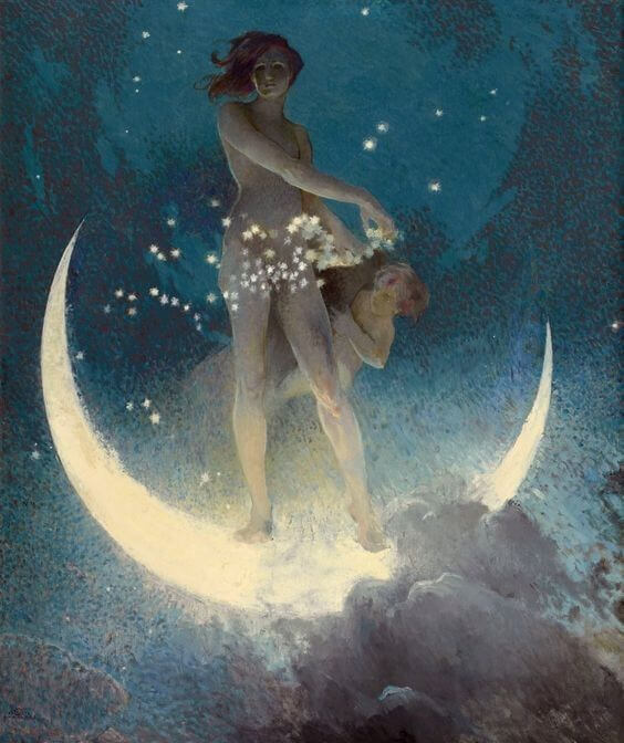 Magical painting of two women standing on a crescent moon with stars — representing Ana Friedrikhson’s 12 years of experience as a creative director.