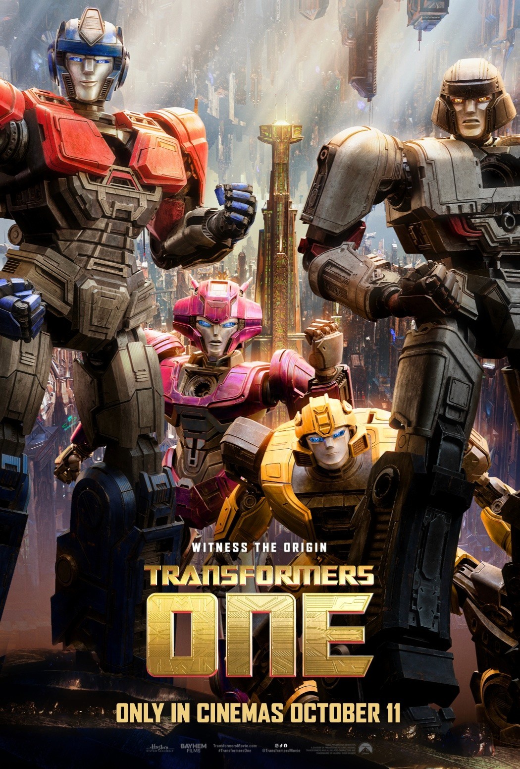 Transformer One promo poster showing the main characters and the logo with Cybertron in background