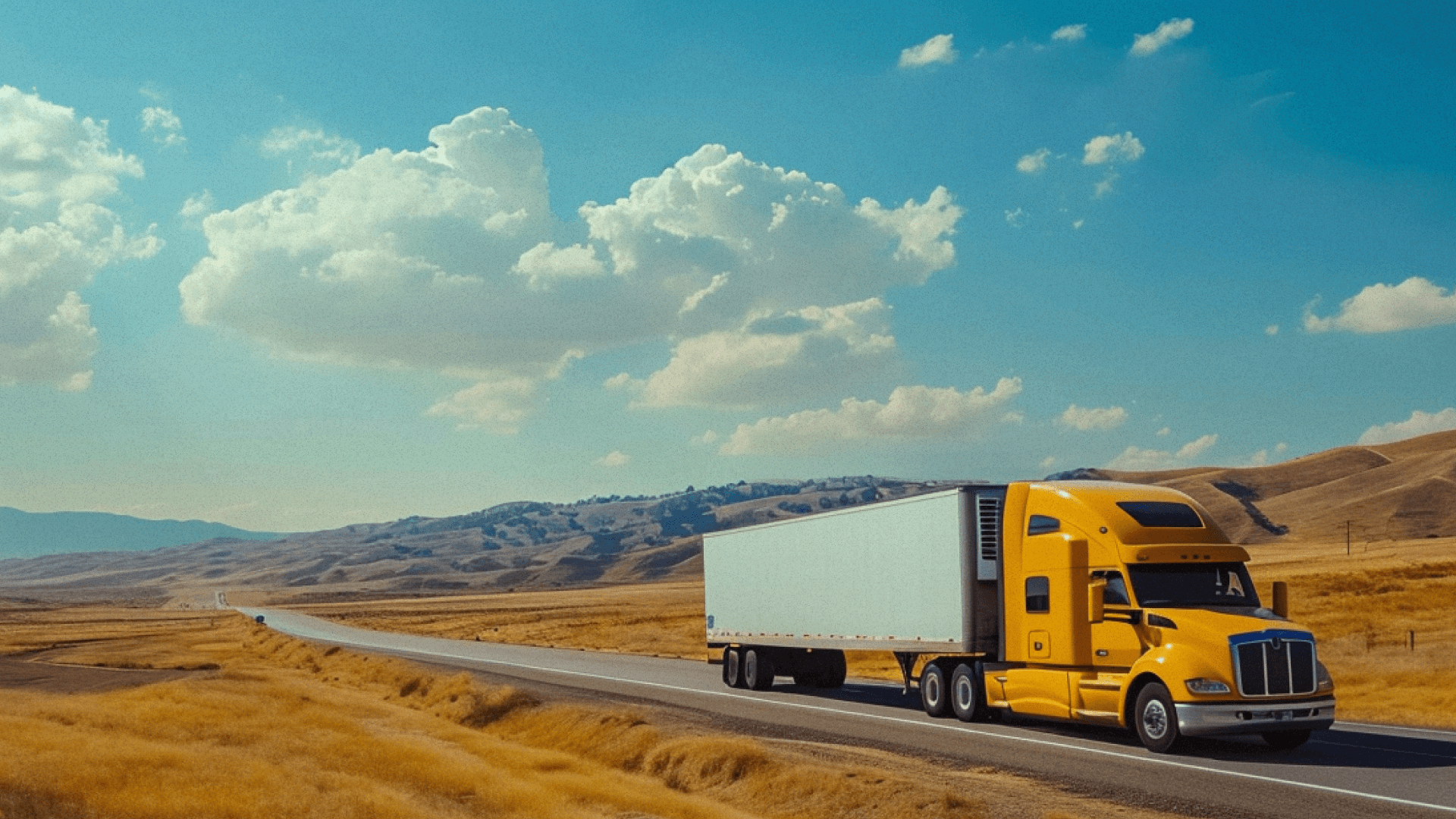 A yellow big rig truck driving through a hilly agricultural environment