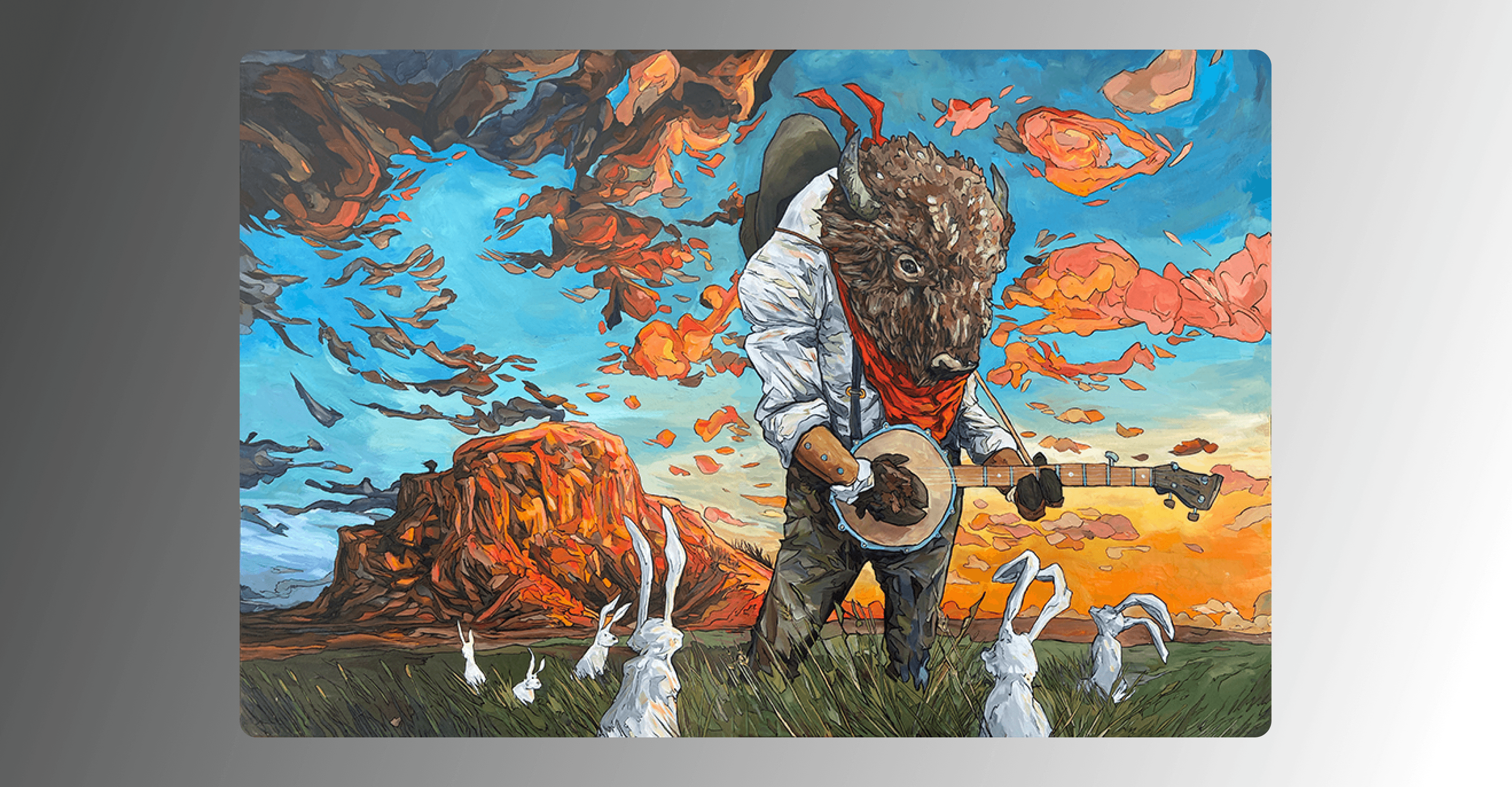 A picture of the painting titled, "Ramble," featuring a bison wearing human western clothes, playing a banjo to a couple of white bunnies amidst a sunset in a grassy field.
