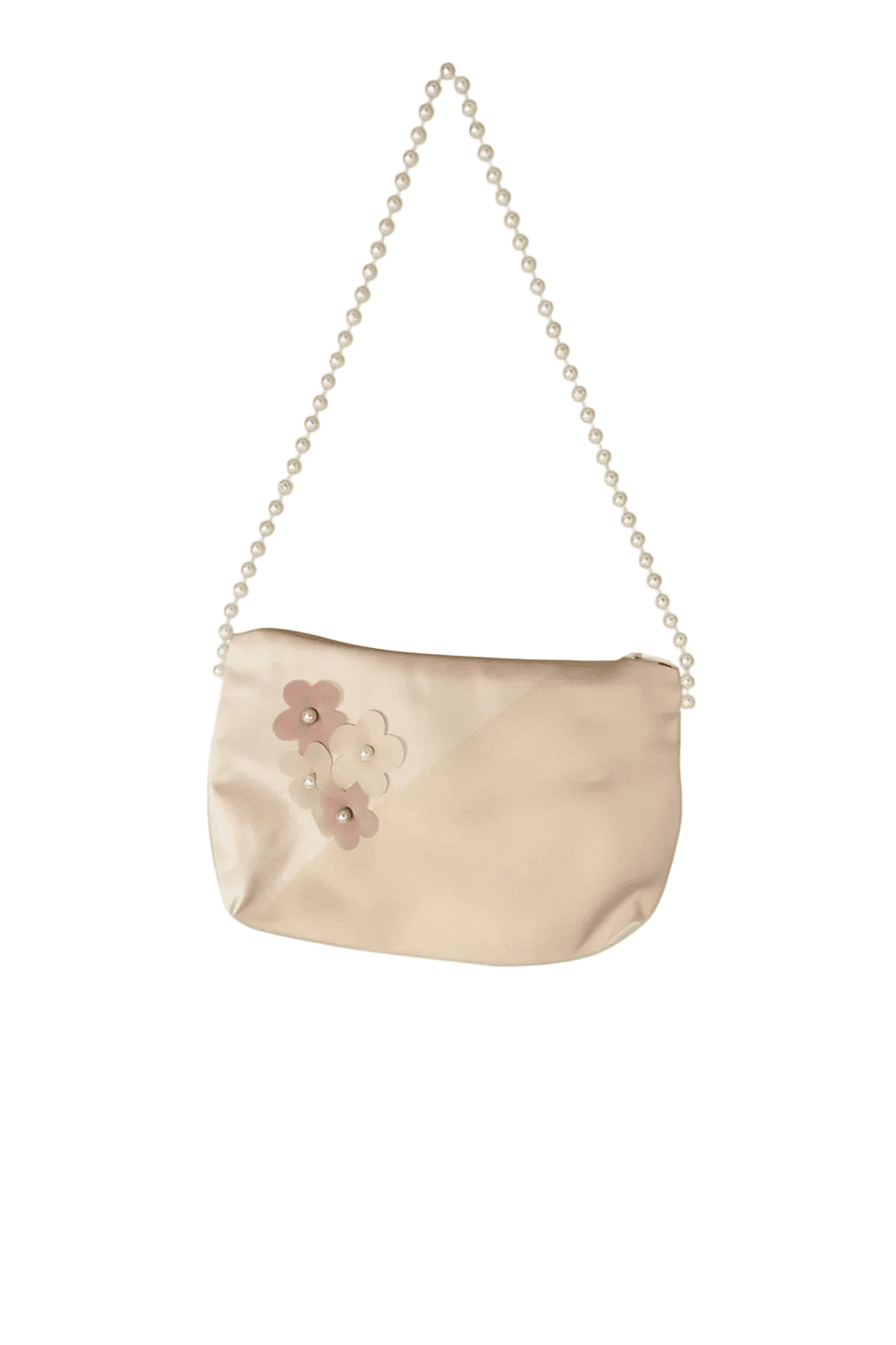 Beige handbag with floral details and a chain strap on a white background