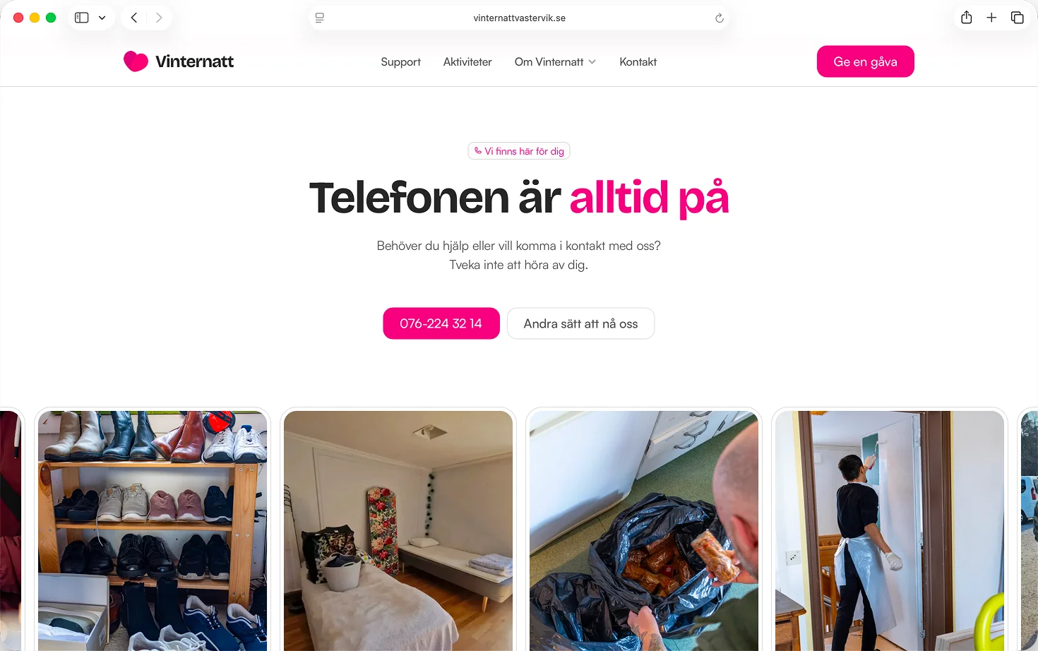 Kontaktsektion på Vinternatt Västerviks hemsida med rubriken "Telefonen är alltid på" och telefonnummer.