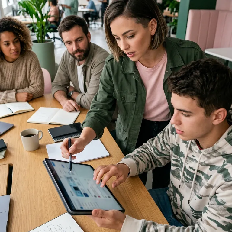 Équipe de consultants en atelier de travail analysant des parcours utilisateurs sur une interface mobile projetée, illustrant notre expertise en "Sites web et expérience digitale" pour la réalisation d'un audit de performance et UX complet.