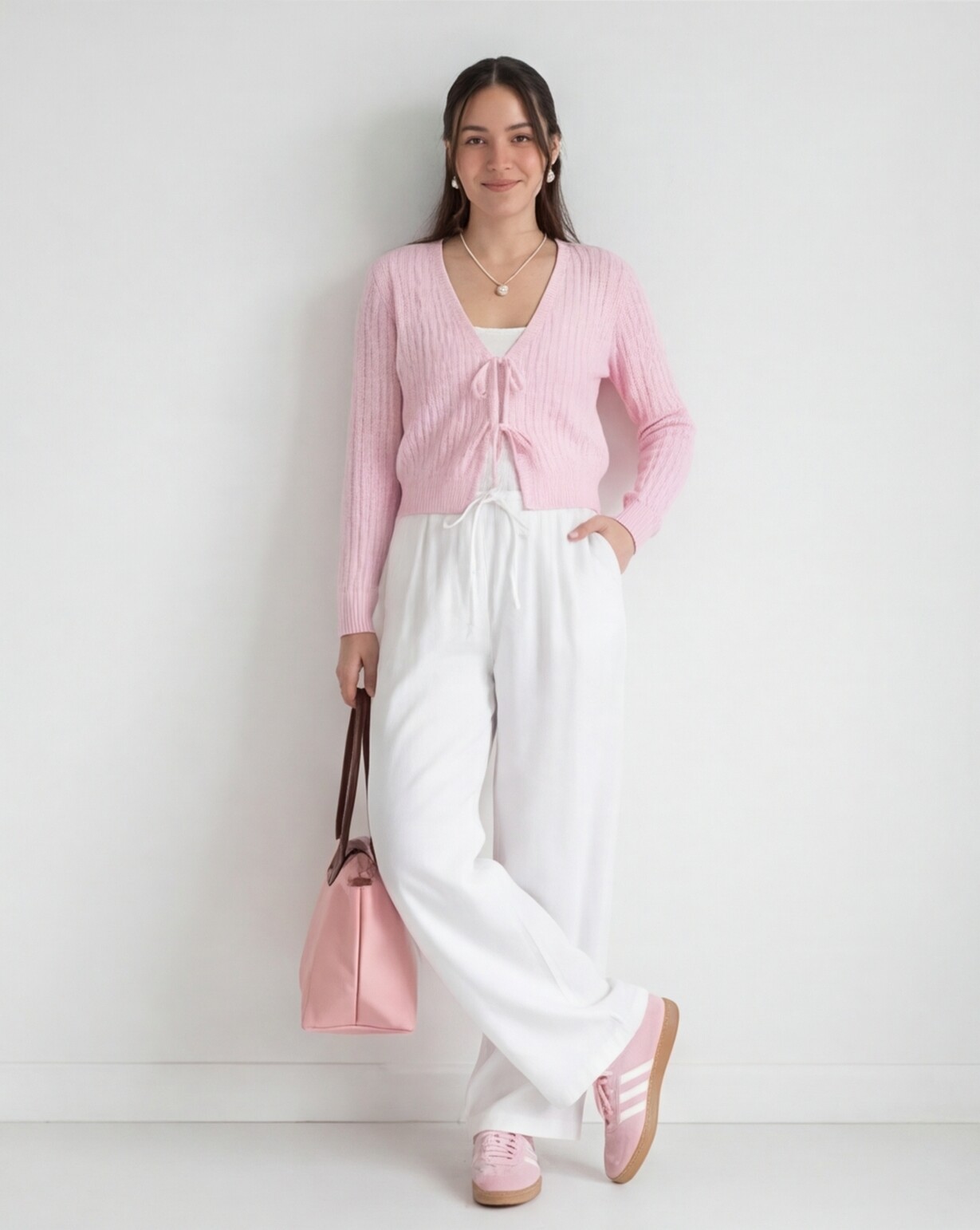 Pink Cardigan with Cream Wide Leg Trousers