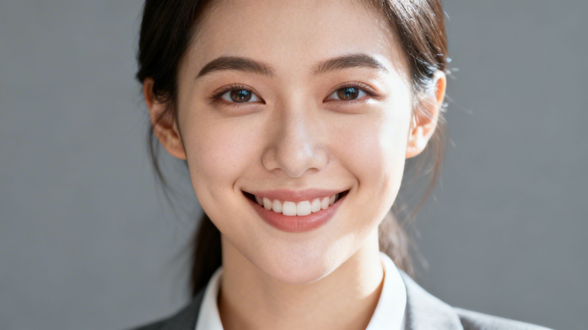 Nahaufnahme einer lächelnden jungen asiatischen Frau in Geschäftskleidung vor grauem Hintergrund.