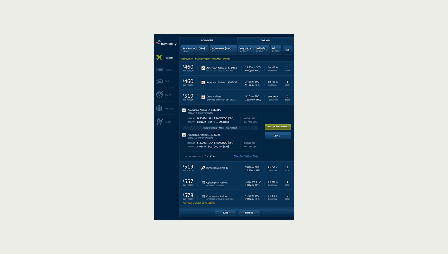 Flight results - price, times and stops at a glance, expanding inline for full details